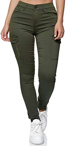 Elara Damen Cargo Jeans Slim Fit Seiten Taschen Chunkyrayan YH2527 Olive-34 (XS)