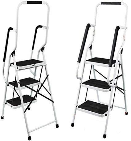 Trittleiter 3 Stufen mit handlauf und Rutschfester Stufen, Stahl Stehleiter Haushaltsleiter Klapptritt Leiter, Ideal für Zuhause/Küche/Garage, belastbar bis 150 kg