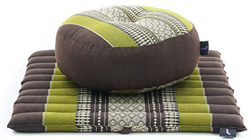 Leewadee Meditationsset Yogaset aus Meditationskissen Zafu und Kleiner rollbarer Sitzmatte Zabuton Ökologisches Naturprodukt, Kapok, Braun Grün