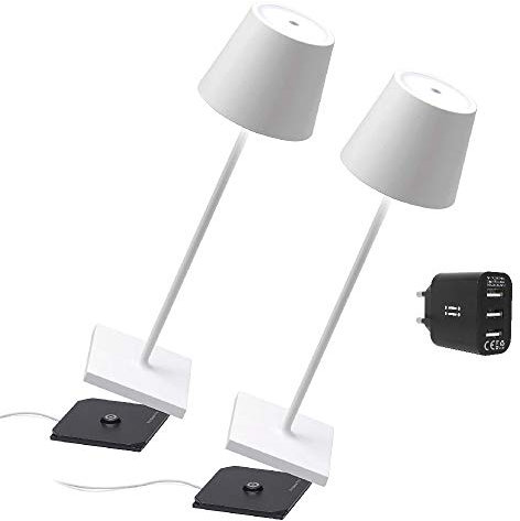 [Amazon Exclusive] Zafferano Kit 2x tragbare Lampe Poldina Pro, Aiino Dual-USB-Ladegerät zum gleichzeitigen Aufladen von Lampe/Smartphone, dimmbare LED Touch, ​Kontakt-Ladestation, H38cm - Weiss, LD0340B3