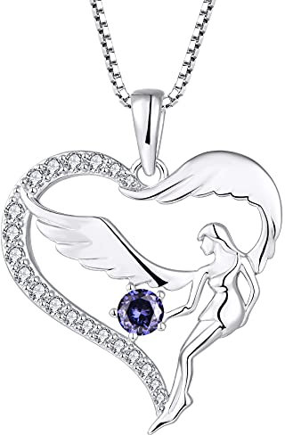 FJ Herz Schutzengel Halskette Damen 925 Sterling Silber Engelsflügel Kette Anhänger Tansanit Dezember Geburtsstein Halskette Schmuck Geschenke für Frauen Mädchen