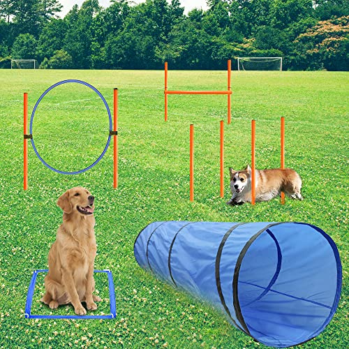 GeerDuo Agility-Trainingsgerät für Hunde, Hindernis-Agility-Training, Starter-Set für Hunde, Haustier-Outdoor-Spiele inklusive Tunnel, 8 gewebte Stangen, verstellbare Hürde, Sprungring, Pause-Box