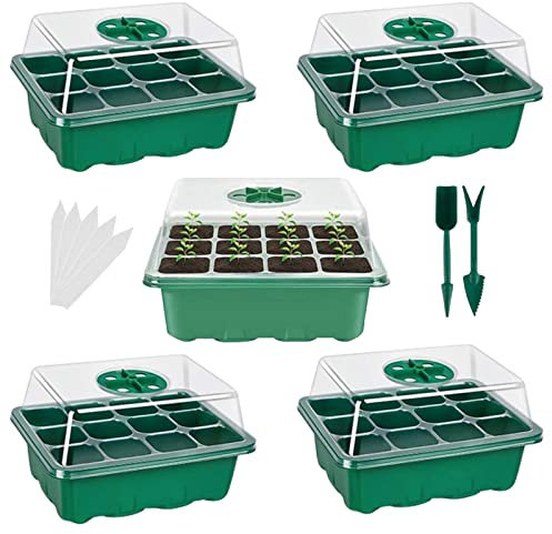 OPAHUTER Mini Serre pour Plantes, 5 Pièces Bac à Semis Pépinière Plateaux de Démarrage de Plantes avec Couvercles en Dôme Réglables en Humidité, 60 Cellules Serre Semis Plateaux de Germination