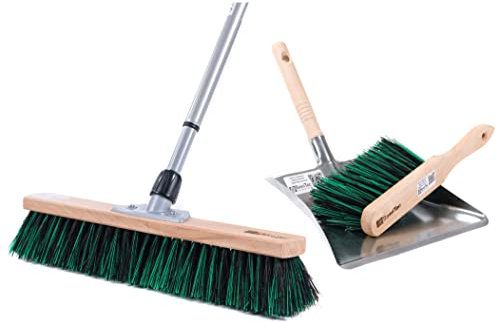 BawiTec Allzweckbesen Set BawiMix mit Teleskopstiel verstellbar max. 200cm (Besen 40cm) Arenga Borsten Mix grün Straßenbesen Stiel Kehrset Kehrschaufel Handfeger Feger Kehrgarnitur Gartenbesen
