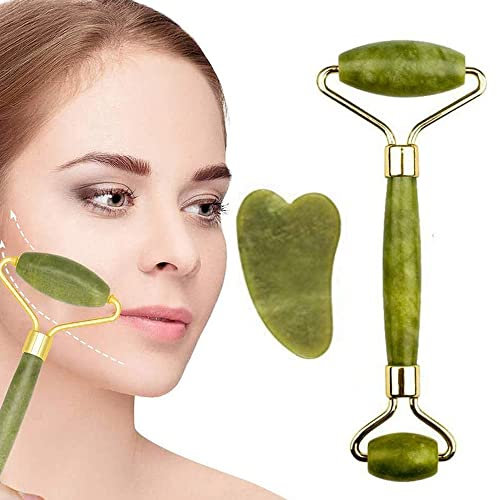 GLAMZA Rouleau facial à double extrémité en jade - Stimule le drainage lymphatique, améliore le teint de la peau et réduit les rides et ridules