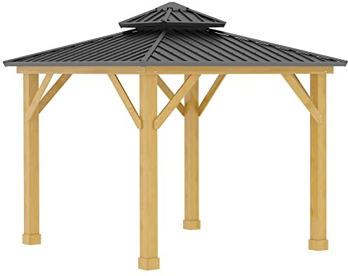 Outsunny 3x(3) M Outdoor Hardtop Gazebo Canopy with 2-Tier Roof and Solid Wood Frame, Outdoor Patio Shelter for Patio, Garden, Grey
