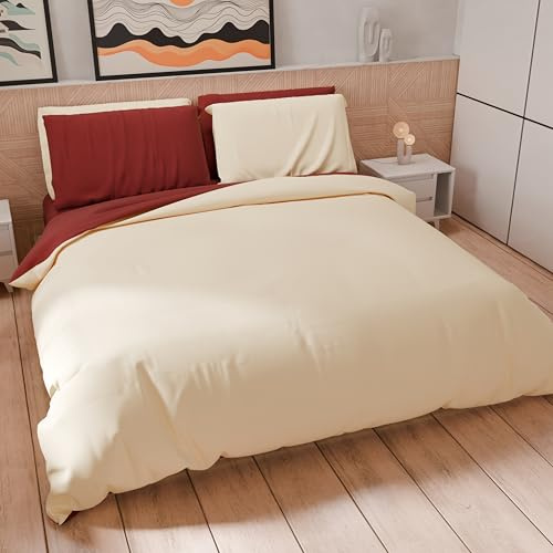 PETTI Artigiani Italiani - Double Duvet Cover, Duvet Cover and Pillowcases in Microfiber, Bicolor Cream/Bordeaux, 100% Made in Italy