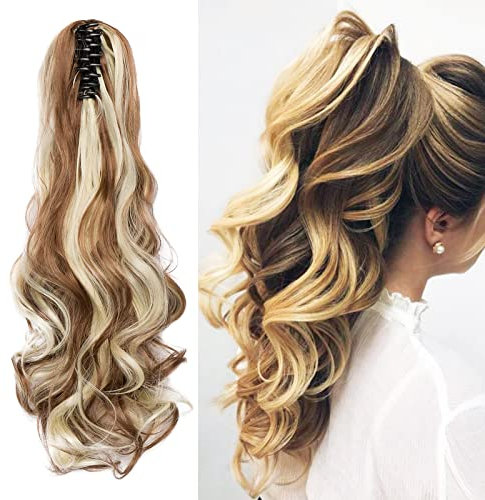 Cybelleza Clip in Ponytail Extensions Zopf Haarteil Claw Pferdeschwanz Haarverlängerung wie Echthaar Gewellt Lockig Kunsthaare Lang Haar Hitzebeständig, Goldbraun&Gebleichtes Blond