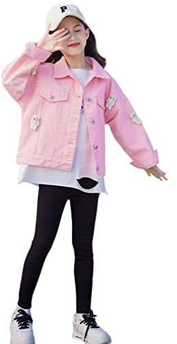 YOUCAI Giacca Denim da Bambina Giubbotto di Jeans con Maniche Lunghe Casuale Giubbotto Denim Cappotto Tops,Rosa,160