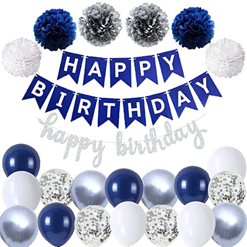 Buon Compleanno Blu Bianca Happy Birthday Banner Striscione Buon Compleanno Blu Bianca Argentato Festone Pompon Palloncini