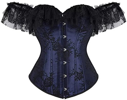 jutrisujo Blue Corset Tops Bustier for Women with Sleeves Off The Shoulder Lace Floral Sexy Plus Size Costumes 6XL