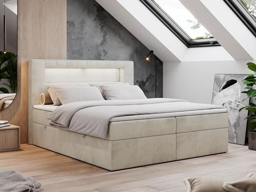 MKS MEBLE Boxspringbett 140x200 mit Led Beige Samt, Polsterbett Bett mit Topper T25 und Kopfteil, Multipocket Matratze H3, Doppelbett mit Bettkasten Stauraumbett - Gold-5 - Beige Velvet