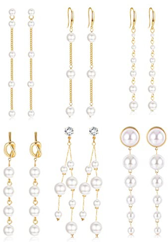 MILACOLATO 6 Paar Lange Perlenohrringe für Damen 14 Karat Vergoldet Quaste Perle Tropfen Ohrringe Einfädler Perle Ohrhänger Schmuck für Braut Hochzeit Gold