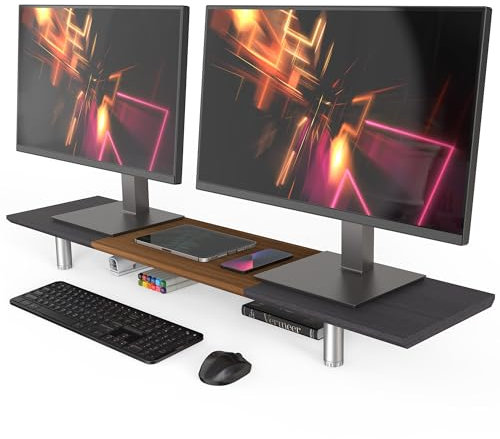 Fenge Großer Monitorständer 100cm Dual Monitor Stands Riser mit Höhenverstellbarem Bein,Multifunktionaler Computer Stand für PC/Laptop/TV, 100x23.5x(9.2-11.2) cm Braun + Schwarz