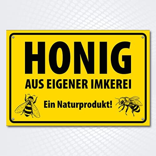 Hochwertiges Schild aus Alu-Dibond mit UV-Schutzlackierung HONIG AUS EIGENER IMKEREI 300 x 200 mm rechteckig | Ein Naturprodukt | Hinweisschild gelb schwarz mit Lochbohrung