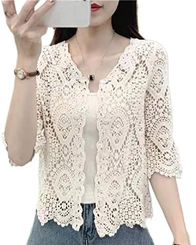 Femmes Été Tricoté Dentelle Shrug Boho Crochet Floral 3/4 Manches 3/4 Ouvert Devant Court Cardigan Élégant Court Maille Pull Cover Up Outwear Coton Kimono Cardigan Manches Chauve-souris Couleurs unies