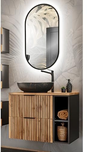 Lomadox Badezimmer Waschplatz Set mit Aufsatzwaschbecken und LED Spiegel in anthrazit mit Eiche Nb. schwarz gerillt, B/H/T: ca. 80,6/200/46,5 cm