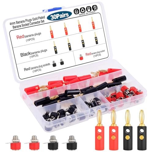 Kyrio 30 pcs 4mm Vergoldete Bananenstecker, plus 30 Terminals, Lautsprecher-Kabelstecker für Lautsprecher, Lautsprecherkabel, Audio Video Receiver, Hifi, 15 Schwarz, 15 Rot