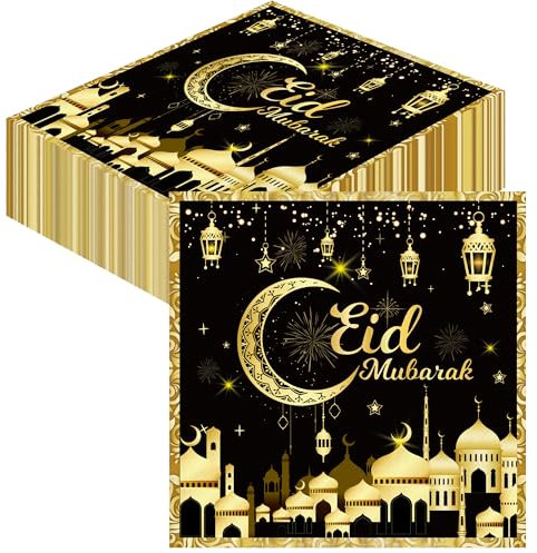 AFYHH Décorations du Ramadan Serviettes de table Eid Mubarak - 40 pièces Décorations de fête Eid Mubarak 33x33 cm Décorations de table du Ramadan Serviettes en papier jetables Eid Mubarak Vaisselle de