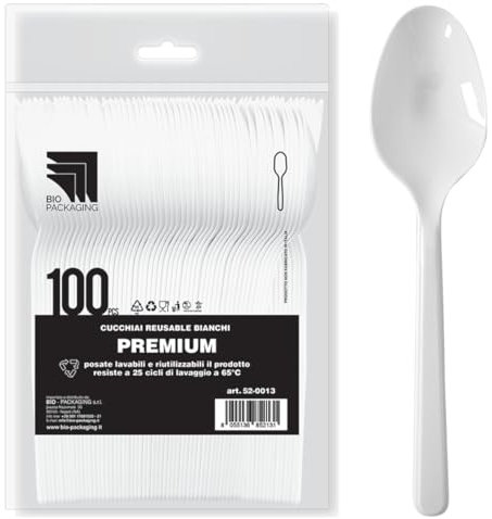 Bella Vita Cucchiai Premium in Plastica PS Colore Bianco 100 Pz 180 mm