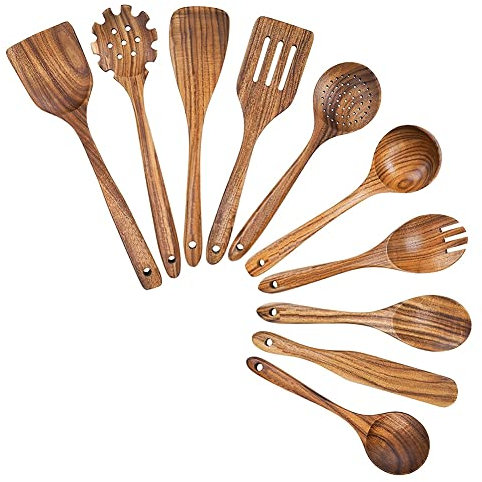 Tagtight 10 Pack Teakholz Küchenutensilien Set, Kochlöffel, Pfannenwender, Schaumlöffel, Schöpfkelle Nudelheber, Olivenholz Suppenkelle und Spatel zum Kochen, Küchenhelfer-Set