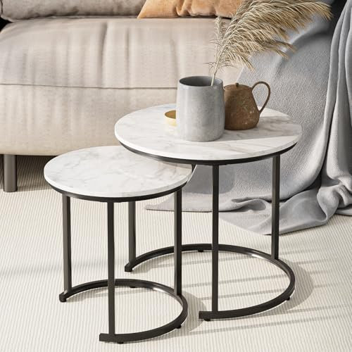 HEYZOEY Couchtisch Rund 2er Set, Wohnzimmertisch, Beistelltische Schwarz Metall, Kaffeetisch für Sofatisch, Wohnzimmer, Schlafzimmer, Modern Style Marble