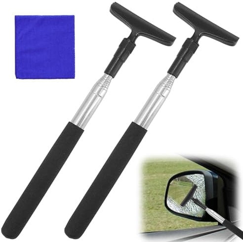 2 Car Mirror Wiper Black, Small Retractable Mirror Wiper, Car Window Squeegee Layered Brush Head, Portable Car Mirror Squeegee for All Vehicles Universal Mirror Accessories Rainy Foggy Weather