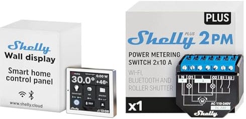 Shelly Wall Display Weiß | WLAN & Bluetooth EIN intelligentes Bedienfeld & Plus 2PM | WLAN & Bluetooth 2 Kanäle Smart Relais Schalter mit Leistungsmessung