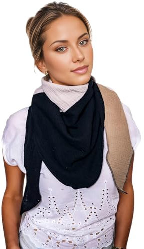 Scandi Linen Unglaublich Weich Musselin Tuch Damen, Musselintuch Damen, Musselin Halstuch Damen (Schwarz-HellerSand-Beige)
