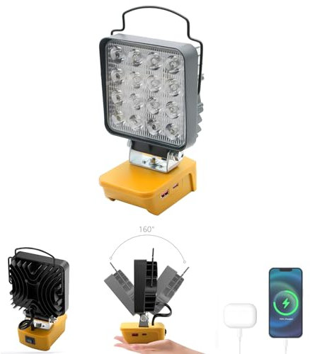 Cordless LED Work Light Compatible with Dewalt 18V Battery 34W 5000LM Flashlight 2 Modes LED Flood Light with Type C & USB Charging Ports and Low Voltage Protection