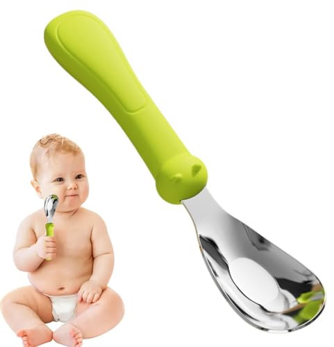 Holdes Cuchara para bebé, cuchara de metal, cuchara de alimentación para bebés con mango de silicona | Cuchara de seguridad para bebés de acero inoxidable, accesorio para destete de bebé, utensilios