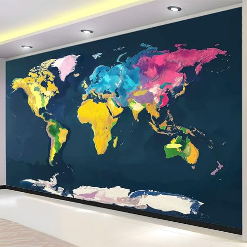 Bleu Papier Peint Panoramique Couleur de la carte du monde Décoration Mural 400 x 280 cm Poster Papier Peint Intissé ​Murales Salon Chambre á Coucherr Bureau Décor à La Maison