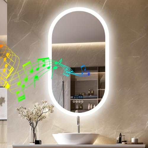 LUVODI Bathroom Mirror with LED Lights: 500x800mm Oval Wall Illuminated Mirror with Bluetooth Speakers Dimmable 3 Colours Backlit, Anti-fog, Memory Function, Smart Time Temperature Display