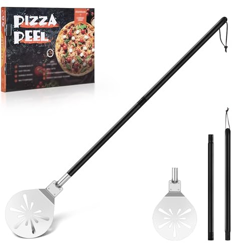 Herogo Pala giratoria para pizza, espátula perforada de acero inoxidable de 7 pulgadas, herramienta de accesorios de metal con mango desmontable, superficie lisa y apta para horno