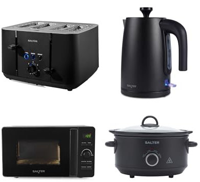 Salter Kuro Kitchen Appliance Set - 1.7L 3KW Jug Kettle, 4-Slice Toaster, 20 Litre Digital Microwave, and 3.5L Electric Slow Cooker, Matching Kitchen Appliance Set, Sleek Matte Black Design