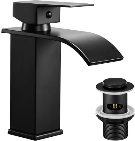 Peppermint Robinets de lavabo cascade noir mat avec fente pop-up robinet mitigeur d'évier de salle de bain monobloc 1 trou avec tuyaux G1/2 modernes robinets de vestiaire mono en acier inoxydable