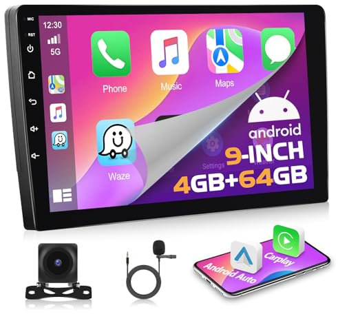4G+64G Autorradio 2 DIN Inalámbrico con Apple CarPlay y Android Auto, Motorsi, Pantalla Táctil HD de 9'', Navegación GPS, Bluetooth, Mirror Link, SWC, Ecualizador, FM, RDS, Cámara de Reversa y Mic.