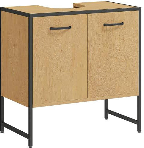 HOMCOM Armario de baño para debajo del fregadero, armario independiente con puertas de cierre suave y estante ajustable para lavabo sin o con pedestal, efecto madera natural