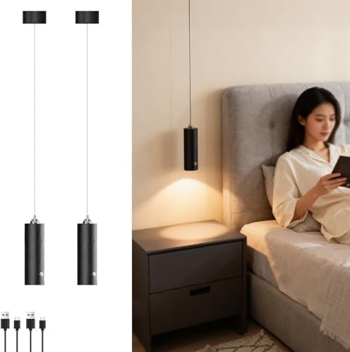 2 Stück Akku Pendelleuchte Schwarz LED Hängelampe Touch Dimmbar 3000K Warmweiß Hängeleuchte Modern Zylinder Pendellampe Batteriebetriebene, Höhenverstellbar, für Nachttisch Schlafzimmer Küche, 11cm