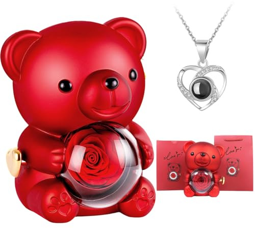 FARYODI Ewige Rose Bär Geschenkbox mit Liebe Halskette, Konservierte Rose Blumen Geburtstag Geschenke für Ehefrau Freundin Frau Valentinstag Geschenke