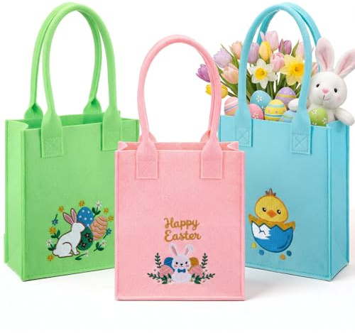 Xuniea 3 Stück Ostern Filztaschen mit Stickerei Osternester zum Befüllen Ostern Geschenktaschen Ostertüten mit Henkel 22 x 18 x 6 cm Geschenkverpackung Dekorieren für Eiersuche Blumen Partyzubehör