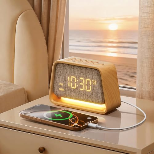 blonbar Wecker, Wecker mit Licht, Nachttischlampe mit 10 Weißgeräusche & 10 Naturgeräusche, 3 Stufige Helligkeit Nachtlicht für Schlafzimmer & Kinderzimmer