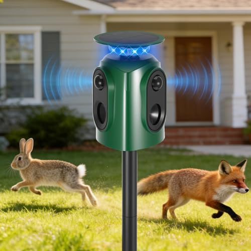 Cat Repellent for Gardens UK, 360 Solar Powered Ultrasonic Cat Deterrent with Pir Motion Sensor & LED Flashing & Alarm Sound, Fox Deterrents Effective for Martens, Cats, Raccoons, Dogs, Birds, Mice