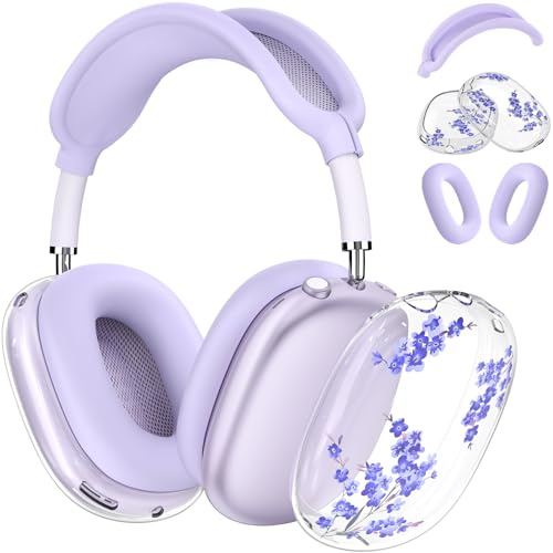 Muorruo 5 Stück Silikonhüllen für AirPods Max Kopfhörer, transparente Blumenmuster-Schutzhüllen aus weichem TPU für die Ohrpolster, transparente Hülle für AirPods Max, Lila