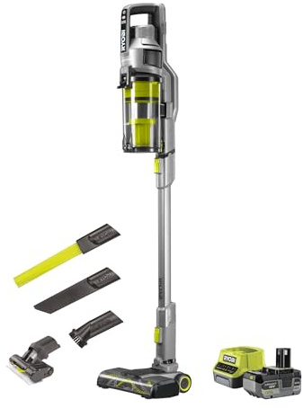 RYOBI 18 V ONE+ Brushless Akku-Staubsauger RSVS18BL-1C40GL, 90 AW Saugleistung, Dual-Zyklon-Filtration, HEPA-Filter, LED-Kopfbeleuchtung, Extrazubehör, inkl. 4 Ah Akku und Ladegerät, Anthrazit