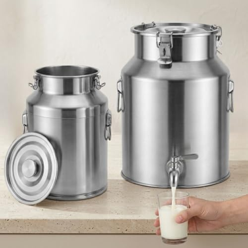 5L 7L 9L Stainless Steel Milk Churn with Tap Water Beverage Dispenser | Heavy Duty Metal Bucket Airtight Seal Lid Wine Pail Fermentation Storage Oil Jug(With Spigot,9L)