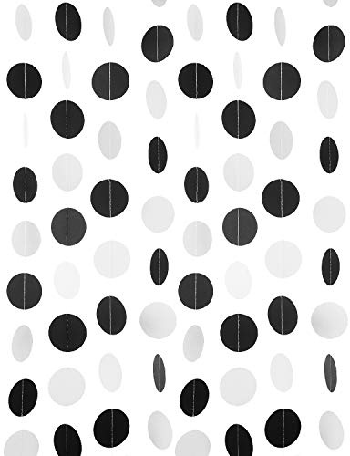 WEVEN Black and White Paper Garland Circle Dot Party Garland Banner Streamer Backdrop Hanging Decorations, 2 in Diameter, Pack of 3, 30 Feet in Total