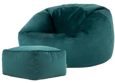 Icon Kingston Sitzsack mit Hocker Samt, Blaugrün, Sitzsack Erwachsene mit Füllung, Bean Bag, Samt Sessel, Lounge Sessel, Lounge Stuhl, Schlafzimmer, Wohnzimmer, Wohnzimmer Möbel