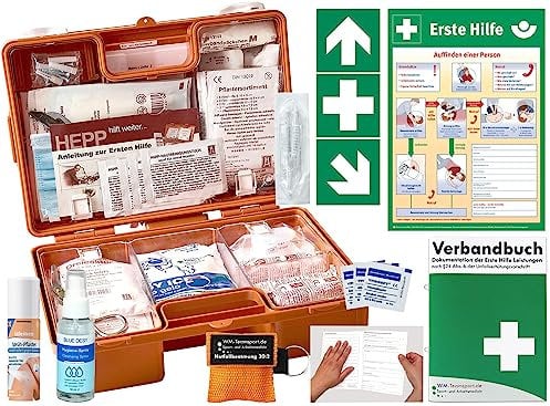 Verbandskoffer (K) Typ CSN -INKL. 90° ARR. -Komplettpaket- Erste Hilfe - aktuelle DIN 13157 (Betriebe) DSGVO -INKL. VERBANDBUCH + Hygiene-Gel + Beatmung + Sprühpflaster + Aufkleber + Aushang