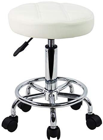 KKTONER Round Rolling Stool Chair PU Leather Height Adjustable Swivel Drafting Work SPA Shop Salon Stools with Wheels Office Chair Small (White)